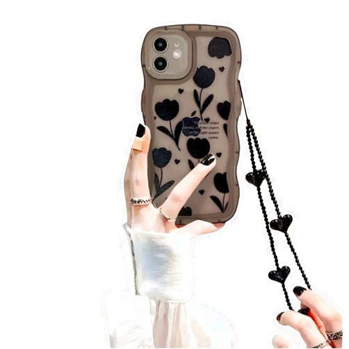 Fycyko Compatible for iPhone 11 Case with Cute Simplicity Black Flowers Pattern Design Women Teen Girls Lens Protection Case for iPhone 11 +Black Heart Chain