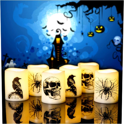 DRomance Halloween Flameless Candles with 6 Hour Timer, Battery Operated LED Votive Tealight Candles Skull, Crown, Spider Decals Yellow Light Flameless Votive Candles for Pumpkin Lantern(1.5