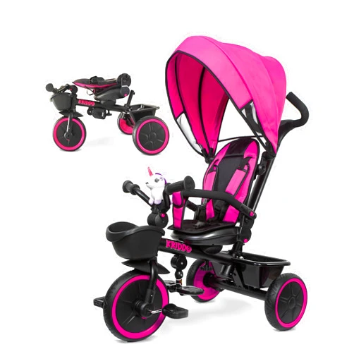 KRIDDO 7-in-1 Tricycle Stroller for Toddlers 18 Months to 5 Years, Adjustable Push Handle, Rotatable Seat, Cup Holder and Retractable Canopy, Folding Baby Trike w/Detachable Guardrail, Footrest, PK
