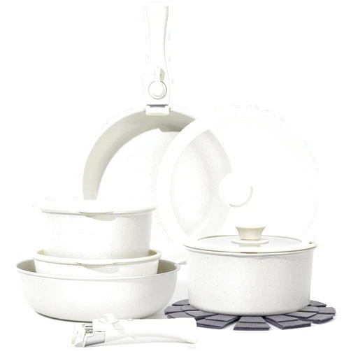 SODAY 15Pcs Pots and Pans Set Non Stick, Cookware Sets with Detachable Handle, Nonstick RV Kitchen Cooking Set Removable Handles, Oven Safe, Induction Fast, Stackable Non-stick Set, White