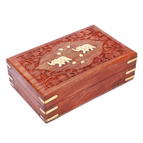 Ajuny Handcrafted Wooden Jewelry Box Elephant Design Solid Multipurpose Keepsake Storage Travel Organizer Treasure Chest Vintage Decorative Trinket Holder Gifts 8x5 Inch
