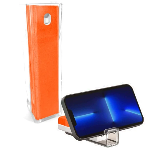 Acuvar 3 in 1 Reusable Fingerprint Proof Screen Mist Spray Cleaner with Microfiber and Phone Stand for Phones, Tablets, Laptops, & Car Screens (Orange)