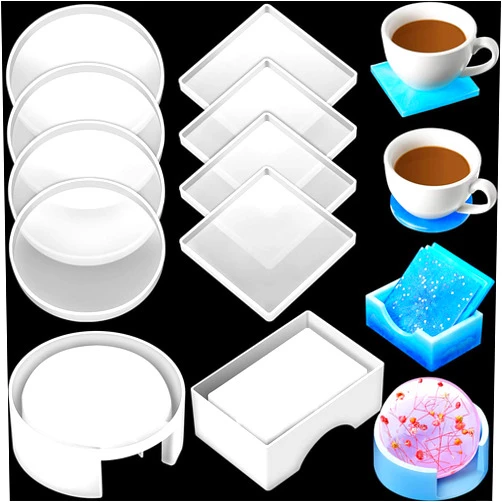 CHUMIRRY KIDS Silicone Molds , Coaster Resin Molds, Epoxy Resin Silicone Molds Set with Coaster Storage Box Mold and Dry Flowers, 8Cups Mats Holder Molds