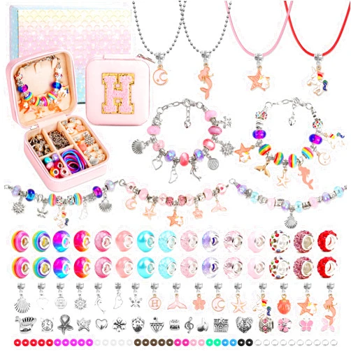 LifeisLuck Charm Bracelet Making Kit - 110 Pcs Girls Beads Jewelry Making Kit, Unicorn & Mermaid Crafts Toys Kids Birthday Gifts for Little Girls Ages 8-12, with H Initial Personalized Bracelet Case