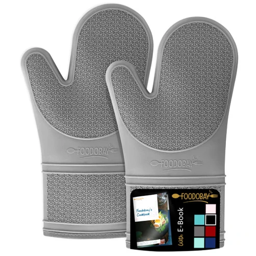 FOODOBAY Silicone Oven Mitts - 12.5” Gray Oven Mitts Heat Resistant 500F - Grippy Design, Soft Lining Silicone Oven Gloves, Flexible Oven Mits Set for Cooking Baking Kitchen Mittens Pot Holders 2 Set
