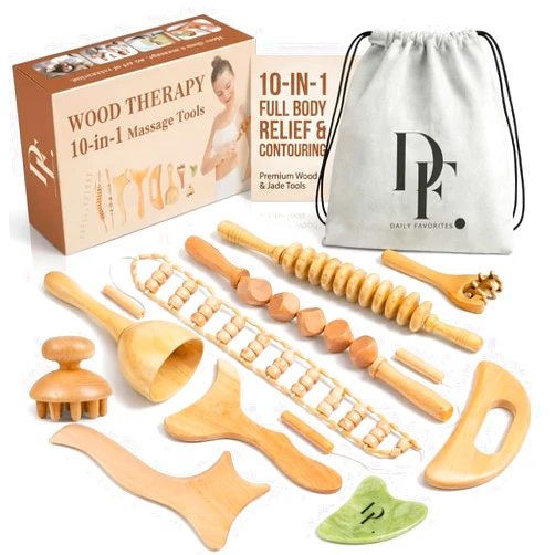 Daily Favorites 10-in-1 Wood Therapy Massage Tools – Lymphatic Drainage Tools with Gua Sha Stone for Muscle Pain Relief – Maderoterapia Kit Professional for Body Sculpting