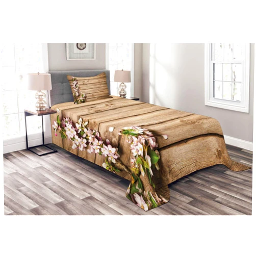 Ambesonne Rustic Bedspread Set, Spring Flowering Tree Branch on Weathered Wooden Blooming Orchard Image, 3 Piece Decorative Bedding Coverlet and 2 Pillow Shams, Twin Size, Pink Brown Green