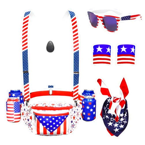 Harsever 4th of July Patriotic Fanny Packs,USA Beverage Beer Belt Set with Suspenders Drink Holder Flag Headband Wristband Sunglasses for Independence Day