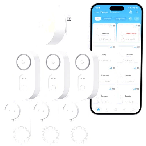 GoveeLife Upgraded Smart Water Leak Detector 1s with 4.92 ft Sensor Cable, WiFi Water Sensor with SMS/Email/APP Push and Sound Alarm, 5-Year Battery Life, Suit for Home, Basement, Kitchen (3 Pack)