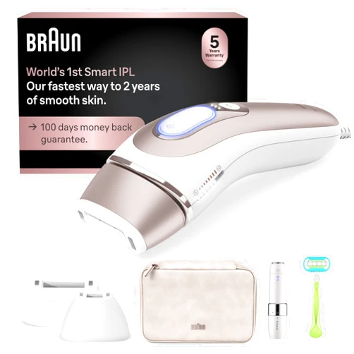 Braun IPL Skin i·Expert, at Home Laser Hair Removal, Holiday Gifts for Women and Men with Free App, Smart IPL, Vanity Case, Venus Razor, 2 Smart Heads, Facial Trimmer, PL7219