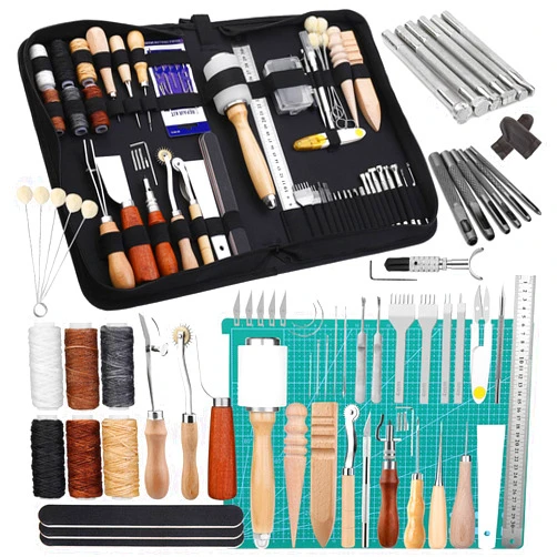 BAGERLA Leather Craft Tools, 60 Pieces Leather Working Tools and Supplies with Storage Bag Cutting Mat Prong Punch Groover Edge Creaser Stamping Carving Knife Awl Hammer for Leather Craft Making DIY Sewing