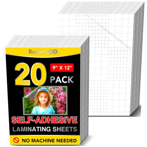 RowinsyDD 20 PCS Self-Adhesive Laminating Sheets, 9 x 12 Inches Clear Laminating Sheets No Machine Needed Self Sealing Laminate Sheets