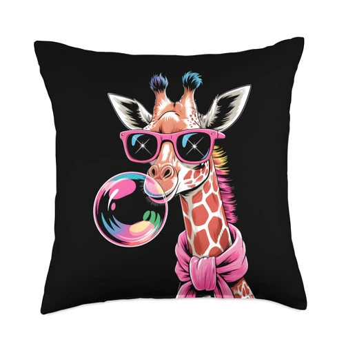 Funny Giraffe Pink Bubble Gum For Girl kids Design Funny Pink Giraffe For Women Girl Glasses & Pink Bubble Gum Throw Pillow