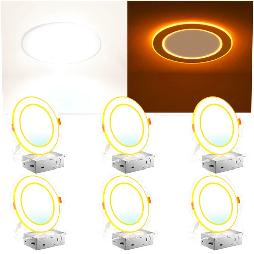 Amico 6 Pack 6 Inch 5CCT LED Recessed Ceiling Light with Double Ring Night Light, 2700-5000K Selectable Ultra-Thin Recessed Lighting, 12W=110W, 1100LM, Dimmable Canless Wafer Downlight, ETL, FCC