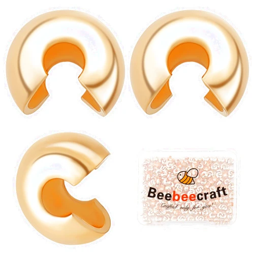 Beebeecraft 1Box 300Pcs 18K Gold Plated Crimp Bead Covers Metal Half Round Open Crimp Beads Knot Covers Caps 3mm for DIY Jewelry Makings