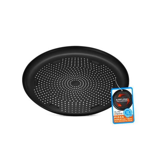 Emporio Kitchen Pizza Baking Pan - 15.75-Inch Round Perforated Carbon Steel Tray with Non-Stick Coating, Dishwasher Safe, Oven Safe (Up To 450° F), Airflow Design, PFOA, PFOS, PTFE Free, Gray