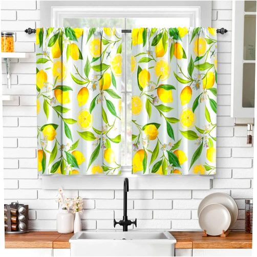 Jekeno Lemon Kitchen Curtains: Fruit Leaves Vintage Botanical Farmhouse Cafe Nature Kitchen Window Curtain, Plants Rod Pocket Window Drapes Decor 24 Inch 2 Panels