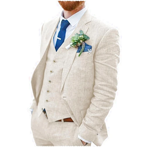 Duereyoo Men's 3 Pieces Linen Suit Retro Summer Wedding Tuxedo Slim Fit Formal Suit Groomsman