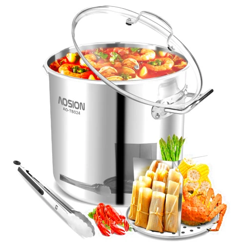 AOSION 24 Quart Stainless Steel Stock Pot With Lid, 3-IN-1 Large Heavy Duty Cooking Pot with Visible Lid for Pasta, Soup, Spaghetti,Big Soup Canning Pot with Steam Rack,Dishwasher & Oven Safe.