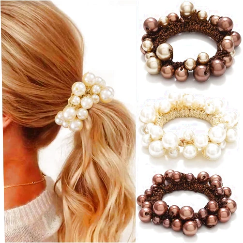 Fashey Pearl Hair Ties Beaded Hair Scrunchies Elastic Ponytail Holder 3 Pcs Pearls Hair Bands Hair Accessories for Women (white,brown)