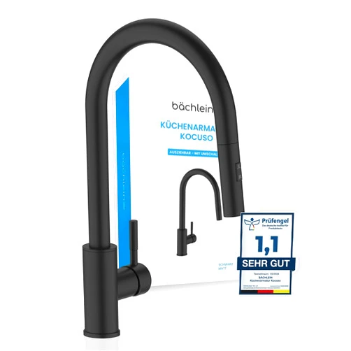 Bächlein Kitchen tap 360° rotatable (matt black) – single-hand basin tap made of stainless steel with pull-out hose and spray head with switch knob, tap for the kitchen
