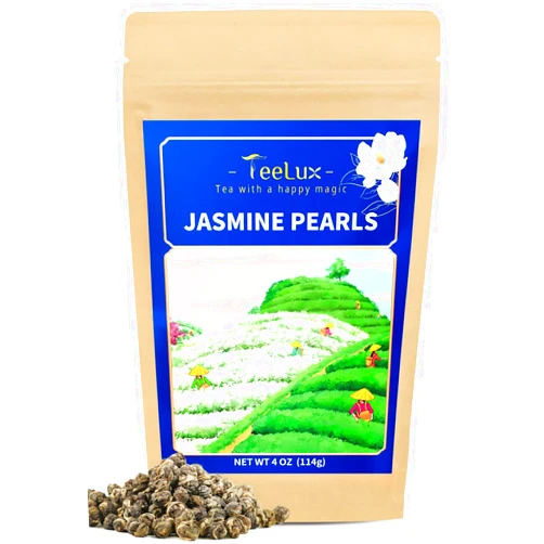 TeeLux Jasmine Pearls Green Tea, Handrolled Loose Leaf with Delightful Aroma, Natural Jasmine Pearl Tea, 4 Ounce