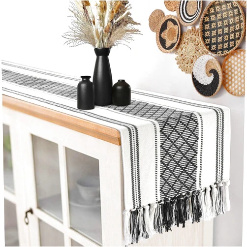 yuboo Black and White Striped Table Runner Farmhouse Style, Fall Boho Short Woven Coffee Table Runner 48 Inches Long, Rustic Dresser Runners for Bedroom, Nightstand, Black Halloween Home Decor