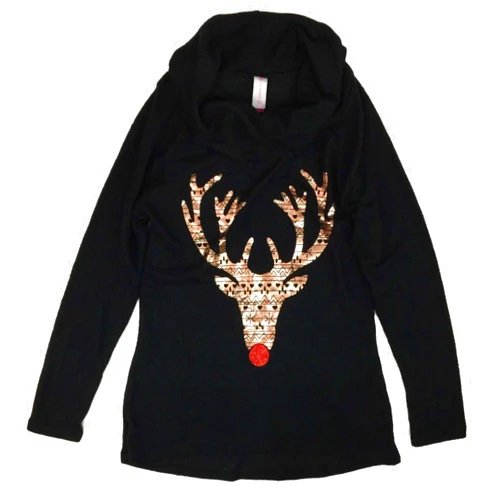 Nobo Junior Womens Black Lightweight Green Cowl Neck Holiday Sweater Reindeer Shirt