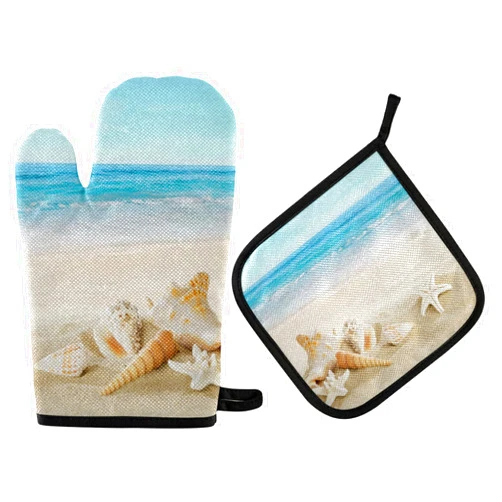Exnundod Beach Theme Summer Oven Mitts and Pot Holders Set Starfish Shells Sand Hot Pads&Gloves 2PCS Potholders for Spring Seasonal Kitchen Cooking Baking BBQ
