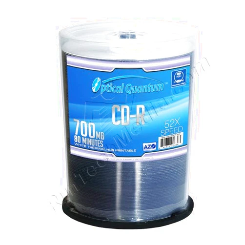 Optical Quantum 100 Pack Optical Quantum 80Min 700MB 52X CD-R AZO White Thermal Hub Printable (MPN: OQCD52WTP-AZO)