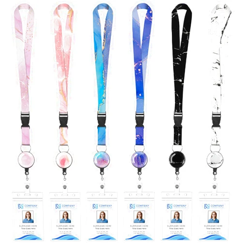 Prudiut 6 Pack Lanyards for Id Badges, Badge Women Lanyards with ID Holder Detachable Cruise Lanyards with Waterproof ID Holder Retractable Badge Reel for Office School Cruise Ship Key ID Cards (Marble Style)