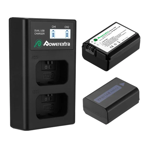 Powerextra Pro NP-FW50 Battery and Smart LCD Display Dual USB Charger Compatible for Sony ZV-E10, Alpha a6500, a6300, a6000, a7s, a7, a7s ii, a7s, a5100, a5000, a7r, a7 ii Camera