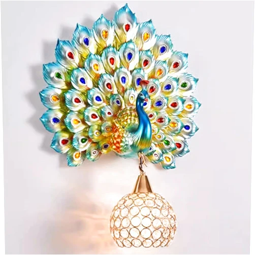 DWEIHDV Peacock Wall Sconces Creative Wall Light Fixture with Crystal Globe Shade Blue Peacock Wall Lamp Retro Wall Mount Light for Living Room Dining Room Hallway