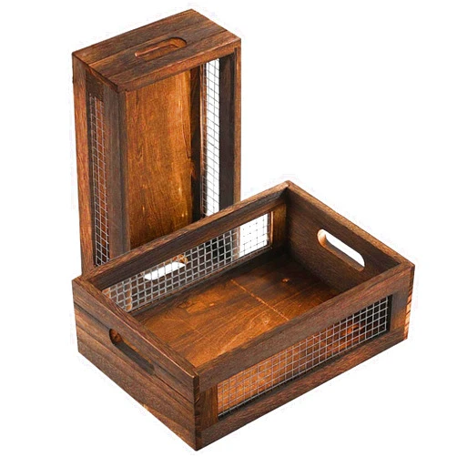 Hyuetrsa Rustic Countertop Nesting Basket with Handle Wooden Countertop Baskets Set for Countertop, Fruit, Veggies, Kitchen,Gift Basket Small Decorative Wood Wire Containers with Handle Set of 2