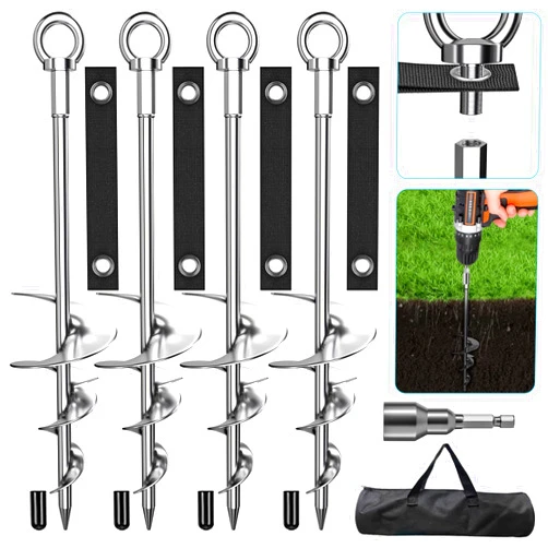 Phopich 18'' Ground Anchors, Fully Welded Heavy Duty Ground Anchors Screw in Swing Set Anchors Chrome Plating Anti Rust Ground Anchor with Straps for Dogs, Trampoline Stakes Resistant High Wind 4 Pack