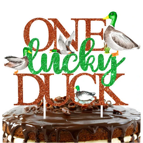 IPartyFun One Lucky Duck Cake Topper Mallard Duck Cake Topper One Lucky Duck Hunting First Birthday Decoration Duck Cake Pick Mallard Duck Cake Decoration for Duck Baby Shower Supplies
