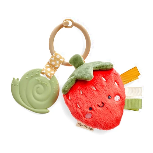 Itzy Ritzy Infant Toy & Teether - Itzy Pal Baby Teething Toy includes Lovey, Crinkle Sound, Textured Ribbons & Silicone Teether Toy for Newborn (Strawberry)