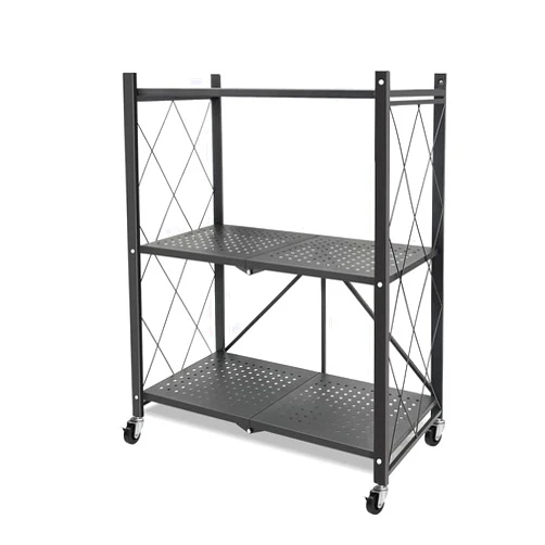 STOMDE 3-Tier Metal Storage Shelves with Wheels, Heavy Duty Organizer Shelf, Foldable Shelving Units, Storage Rack, Rolling Shelf, Large Capacity Organizer Rack for Garage Warehouse Basement Kitchen Pantry
