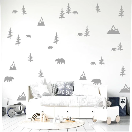 ZzMY Wilderness Wall Decals Mountains Bears Trees Wall Stickers Vinyl Wall Art for Kids Room Nursery Decor Y93 (Gray)