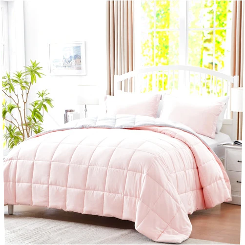 SunStyle Home King Comforter Set, 3-Pieces Lightweight Solid Down Alternative Comforter, Soft Reversible Bedding Set for All Seasons(Pink/Light Grey)