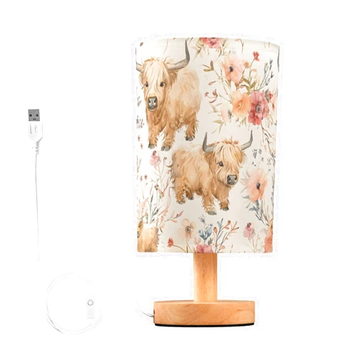MFTJYO Bedside Table Lamp Highland Cows Flowers Table Lamp for Bedroom Nightstand Lamp with USB Port LED Desk Lamp Shade Living Room Dorm Office