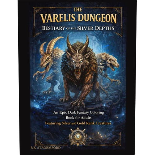 R.K. Stormford The Varelis Dungeon: Bestiary of the Silver Depths: An Epic Dark Fantasy Coloring Book for Adults Featuring Silver and Gold Rank Creatures (Resonance Paths)