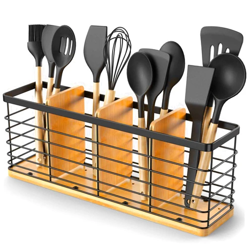 ALOCEO Extra Large Utensil Holder for Kitchen Countertop,Metal Cooking Utensils Holder with 4 Compartments, Spatula Holder Kitchen Tools Holder, Black