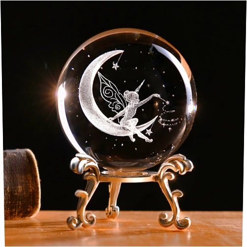 IFOLAINA 3D Fairy Crystal Ball with Stand 60mm Laser Engraved Moon Fairy Glass Ball Decorative Globes Crystal Fairy Sphere Gifts for Girl Her Fairy Lover Birthday Gifts for Daughters