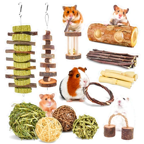 ERKOON New 12 Pack Hamster Chew Toys Gerbil Rat Guinea Pig Chinchilla Chew Toys Accessories, Natural Wooden Dumbbells Exercise Bell Roller Teeth Care Molar Toy for Rabbits Bird Rabbits Hamster Gerbil