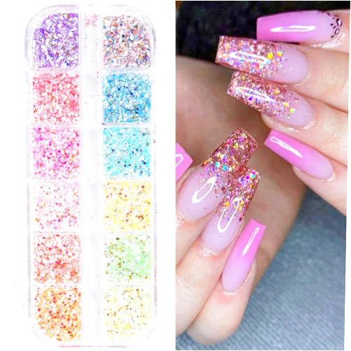 GUAACCB 12Grid Mermaid Nail Art Glitter Sequins 3D Irregular Colorful Fluorescent Glass Paper Chunky Iridescent Flakes Nail Confetti Shiny Bright Ice Slag Nail Supplies for Women DIY Acrylic Nail Decoration