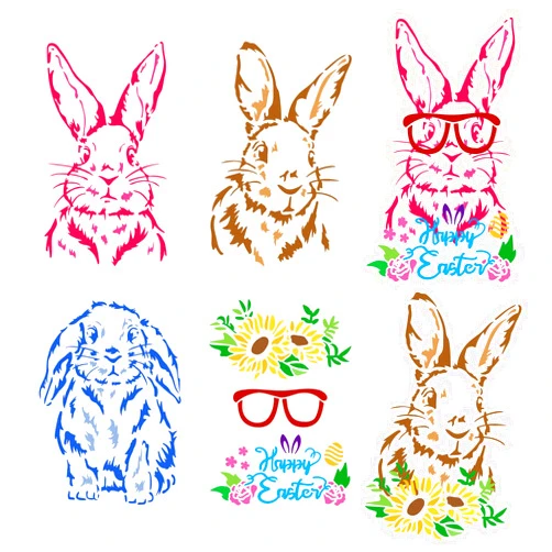 FINGERINSPIRE 4PCS Rabbit Painting Stencils 11.7x8.3 inch Happy Easter Decoration Plastic Long-Eared Bunny Stencil Sunflower Leaves Glasses Easter Egg Art Craft Stencil for Wall Tiles Home Decor