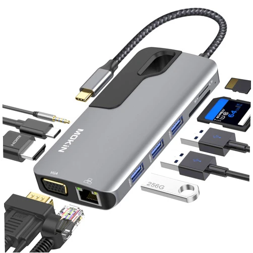 MOKiN USB C Hub Adapter for MacBook Pro, Thunderbolt 3 Adapter,10-in-1 USB C Dongle with Gigabit Ethernet, USB C to HDMI VGA Adapter,100W Power Delivery,3 USB 3.0, SD TF Card Reader-Through Port Adapters.