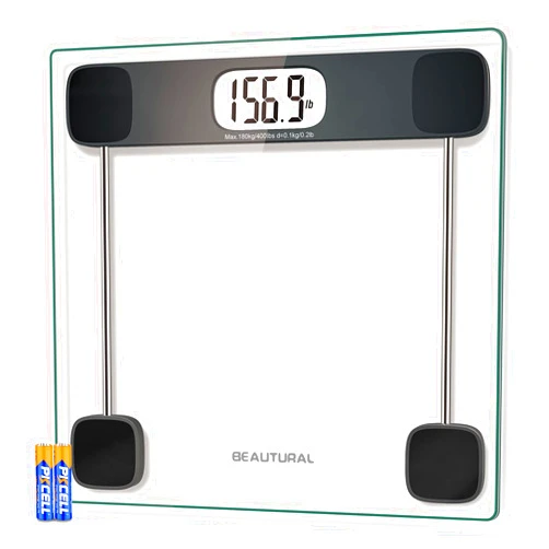 BEAUTURAL Digital Bathroom Scale for Body Weight, LCD Display, 400lb, 4 AAA Batteries and Tape Measure Included,Tempered Glass