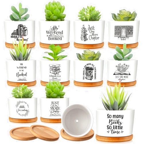 Havawish 12 Pcs Book Lover Gifts Succulent Pots Ceramic Bookworm Planter Pot with Bamboo Tray Bookish Succulent Planter Thank You Gift for Teachers, Bookshelf Christmas Decor, Emotional Gift